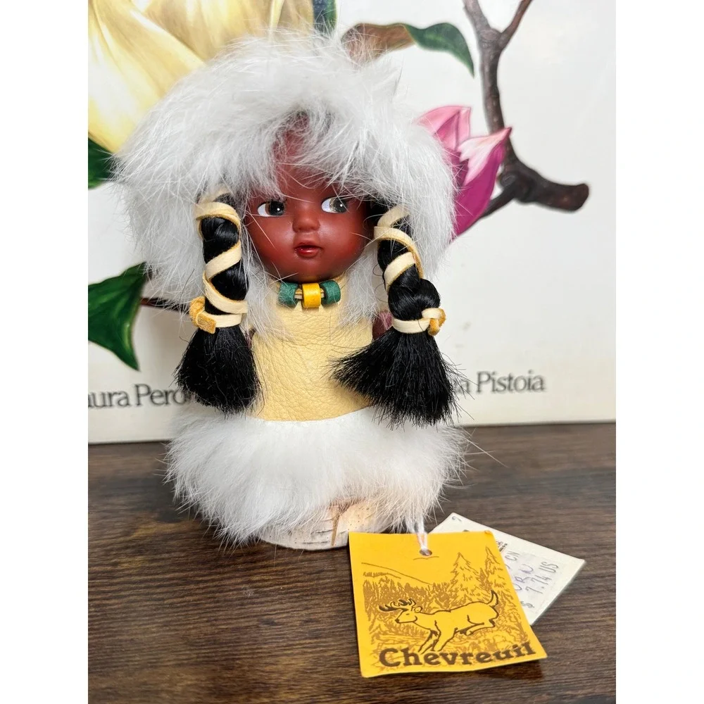 Vintage Chevreuil Doll White Fur Parka Leather Vest Birch Log Base 5